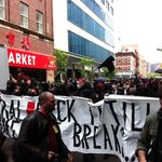 Black Bloc Wildcat march up Broadway this afternoon.